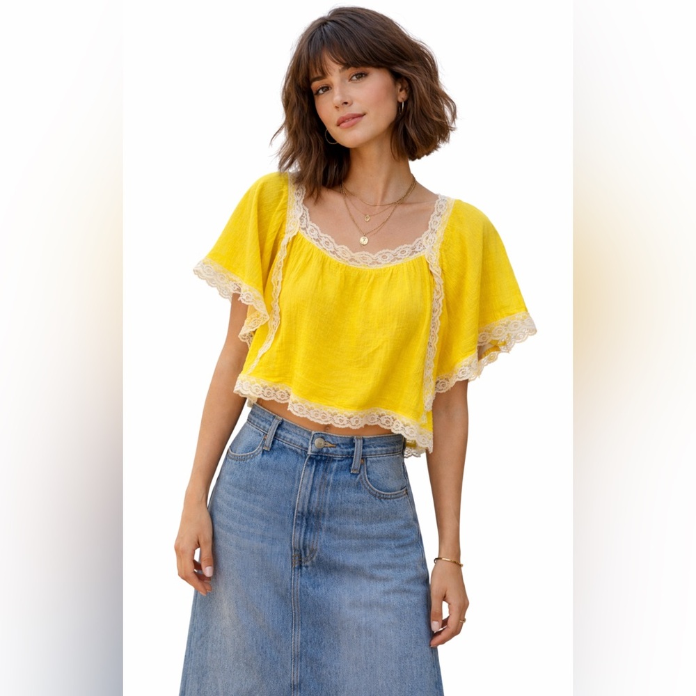 Vintage Handmade Yellow Lace Boho Blouse | Flowy Cottagecore Top - Picture 1 of 9